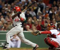Torii Hunter gets a base hit against the Red Sox.JPG